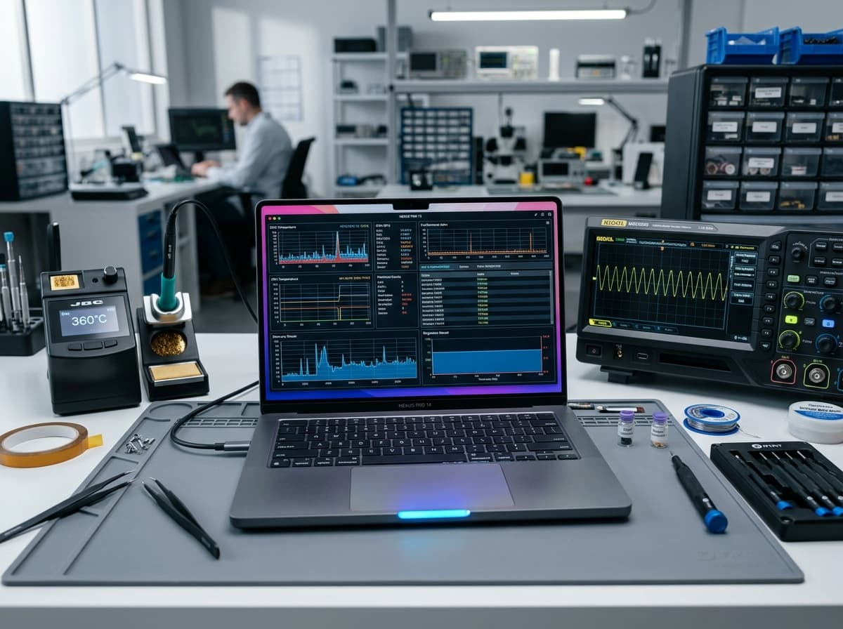 Professional electronics diagnostic lab workbench fixing modern laptop computer in Dubai